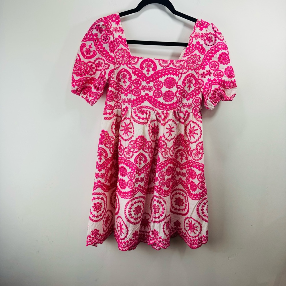 Brooklyns Dress Womens Med Pink Embroidered Floral Fit Flare Lined Boho Cotton - Picture 2 of 9